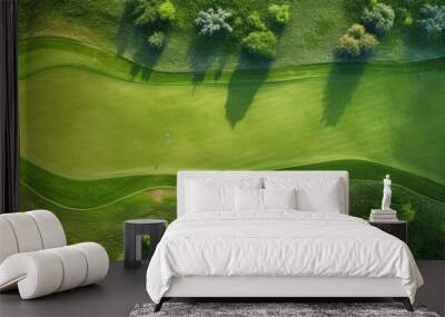 Aerial view of a lush golf course with greenery and trees Wall mural