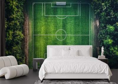 Aerial view of the sports concept featuring a synthetic football or soccer field with goals and a grass background texture along with empty space for copy Wall mural