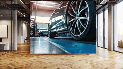 Alignment of car wheels in a car service. with copy space image. Place for adding text or design Wall mural