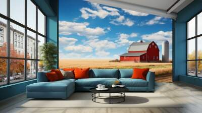 American rural landscape with red barn and blue sky Wall mural