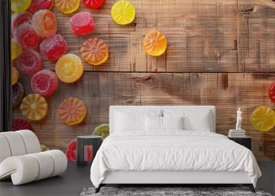 An appetizing assortment of hard candies displayed on a wooden surface in a flat lay composition with room for text in the image. with copy space image. Place for adding text or design Wall mural