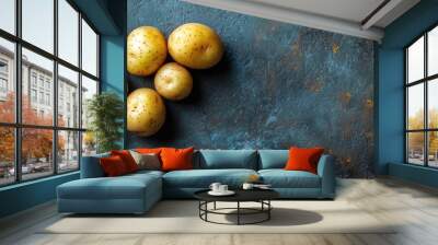 An overhead flat lay image features several Yukon Gold potatoes arranged on a stained and scratched steel surface There is copy space present in a horizontal layout Wall mural