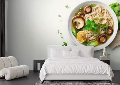 Asian top view of vegan noodle soup with tofu cheese shiitake mushrooms lettuce in a white bowl Wall mural