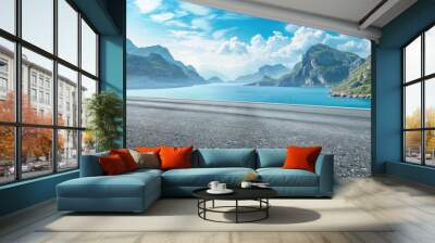 Asphalt road and mountain with blue sea natural landscape. Copy space image. Place for adding text or design Wall mural