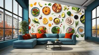 Assorted healthy food for a diet friendly dinner top view Wall mural