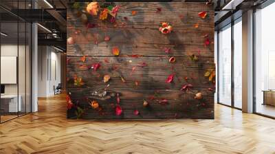 Autumn flowers and leaves on a rustic wooden background. with copy space image. Place for adding text or design Wall mural