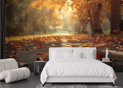 Autumn leaves covering the road in a picturesque scene with abundant copy space image Wall mural