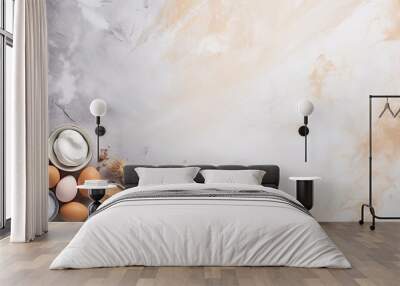 Baking background with ingredients and utensil on marble table Wall mural