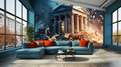 Bank building collapses causing bankruptcy and a financial crisis Customers lose money after bank goes bankrupt Illustration depicting the situation Wall mural