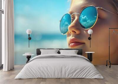 Beautiful teenage girl wearing sunglasses on the beach with a natural sea and sky background for copyspace Concepts of adolescence beauty vacation and weekends Wall mural