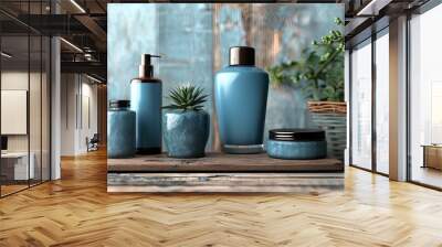 beauty product samples on a blue wooden surface Wall mural