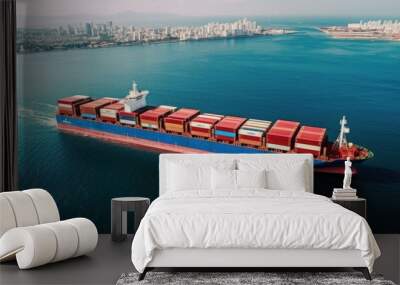 Bird s eye view of numerous containers aboard a ship transporting cargo globally copy space image Wall mural