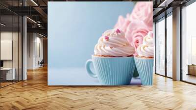 blue pastel banner featuring decorated cupcakes in two cups and a bouquet of pink roses a lovely gre Wall mural