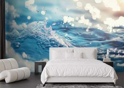 Blurred transparent blue clear calm water surface texture featuring splashes and bubbles Stylish abstract natural background Sunlit water waves with copyspace Wall mural