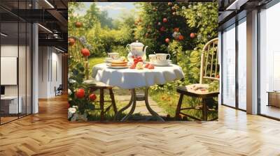 Breakfast outdoors in a sunny garden with coffee croissants strawberries on a table surrounded by chairs Wall mural