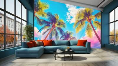 Bright multicolored palm trees against a blue sky with clouds Wall mural