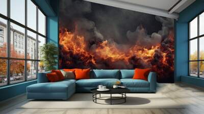 Burning building with flames and black smoke. Copyspace image. Square banner. Header for website template Wall mural