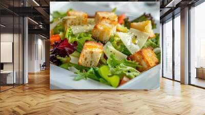 Caesar salad on a white plate placed on red napkins in a square Close up Series of images. with copy space image. Place for adding text or design Wall mural