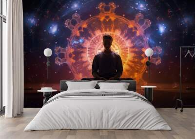 Chakra and light during meditation in silhouette Wall mural