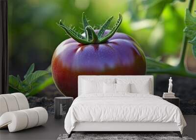 Cherokee purple is an ancient tomato variety commonly referred to as beefsteak The tomato is on a white table bathed in sunlight close up and copy space Wall mural