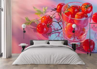 cherry tomatoes in clear glass pastel background  Food. with copy space image. Place for adding text or design Wall mural