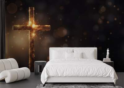 Christian cross silhouette with lights and bokeh on black background representing faith symbol and church worship Also symbolizes salvation Jesus Christ and Easter in Christianity Wall mural