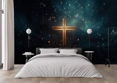 Christian cross silhouette with lights and bokeh on black background representing faith symbol and church worship Also symbolizes salvation Jesus Christ and Easter in Christianity Wall mural