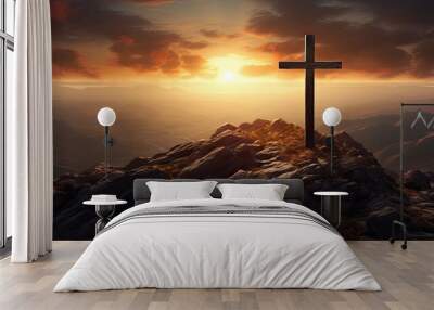 Christianity celebrates the resurrection of Jesus at Easter symbolized by a cross on a mountain embodying faith and spirituality Wall mural