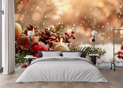 Christmas backdrop Fir branch adorned with decorations. with copy space image. Place for adding text or design Wall mural