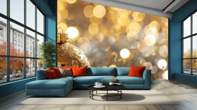 Christmas decorations featuring a gold ball against a blurred bokeh light background with copy space image available. Wall mural