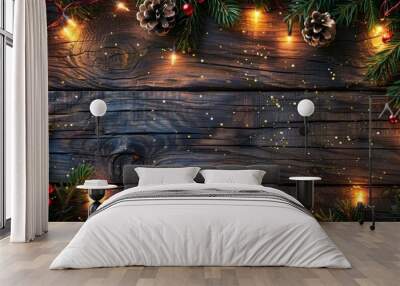 Christmas lights on a wooden surface. with copy space image. Place for adding text or design Wall mural