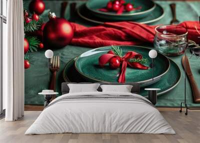 Christmas table setting featuring decor plates knife fork and spoon Holiday background for Christmas Top view. with copy space image. Place for adding text or design Wall mural