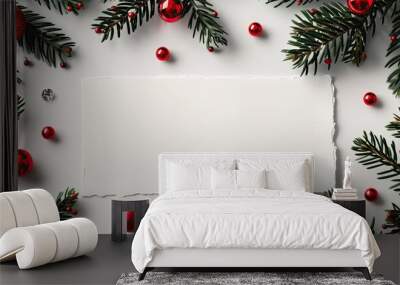 Christmas themed flat lay composition featuring a decorative frame of fir branches red beads and a paper notice sheet with copy space image from a top down perspective Wall mural