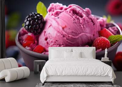 Close-up of a delicious sweet dessert - berry yogurt ice cream with a smooth texture, fresh fruit smoothies, resembling a background with copy space image. Wall mural