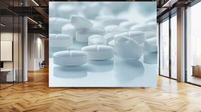 Close up of a medical setting with a variety of white capsule tablets on a table ideal for healthcare pharmacy and medicine themes with copy space for painkillers or prescription drugs consumption Wall mural