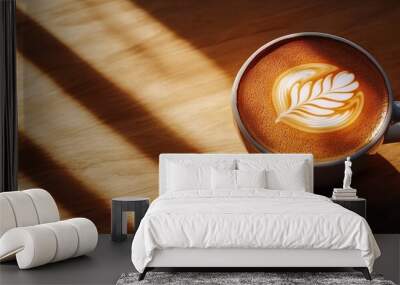 Close up of latte art in hot coffee on a wooden table. with copy space image. Place for adding text or design Wall mural