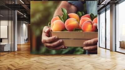 Close up of man s hands holding a box of freshly picked peaches in an organic farm copy space image Wall mural