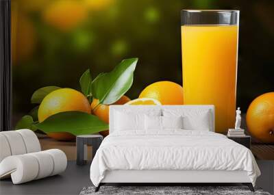 Close up of orange juice on wooden table background representing a healthy and natural concept Wall mural