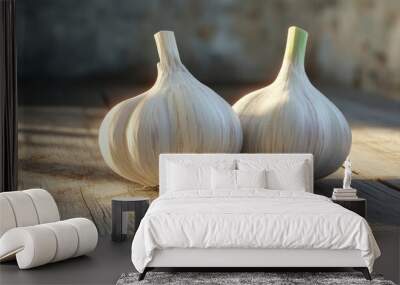 Close up of two garlic bulbs on a wooden surface. with copy space image. Place for adding text or design Wall mural