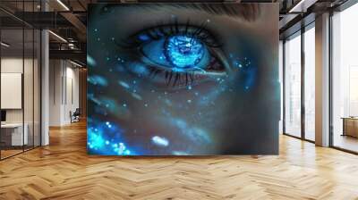 Close up view of blue eye with futuristic holographic interface to display data Portrait of beautiful young woman half of face Augmented reality future technology internet concept Wall mural