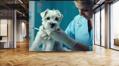 Closeup of a vet administering an injection to a dog in gloves Wall mural