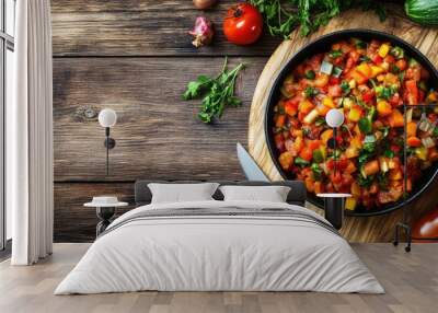 Cooking tasty ratatouille Fresh ripe vegetables knife and bowl on a white wooden table viewed from above Room for text. with copy space image. Place for adding text or design Wall mural