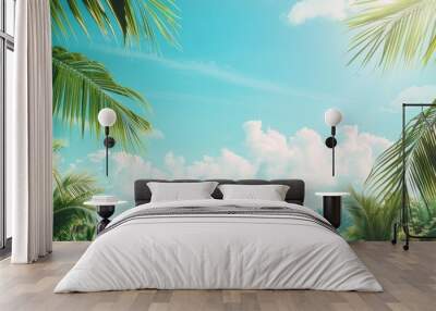 Copy space image of a tropical palm wallpaper overlooking a resort forest landscape under a sunny blue sky evoking holiday vibes and travel inspiration Wall mural