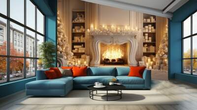 Cozy modern room with Christmas tree fireplace and lovely decor Wall mural