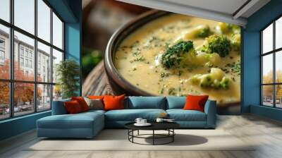 Creamy soup made with broccoli and cheese against a blurred background ideal for text or graphic overlay known as copy space image Wall mural