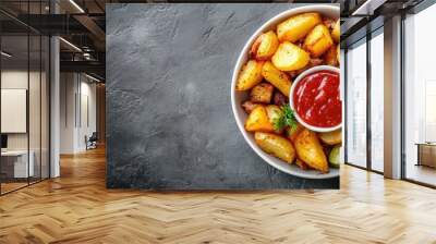 Crispy pan fried potatoes served with pork pickles and tomato ketchup sauce on a gray concrete table Close up vertical top view with copyspace Wall mural