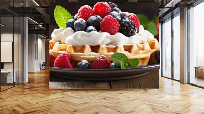 Delicious waffles topped with fresh berries and cream, ideal for any breakfast or brunch menu, creating an appetizing copy space image. Wall mural