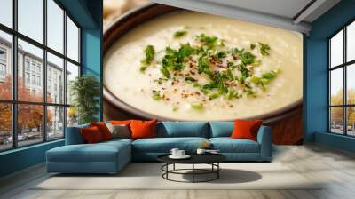 dinner featuring creamy soup and bread. with copy space image. Place for adding text or design Wall mural