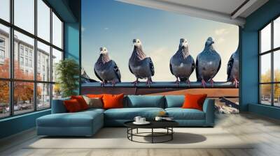 Dirty solar panels on roof of house with pigeon droppings copy space image Wall mural