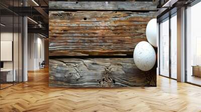 Duck and chicken eggs on an aged wooden table the white egg is from a duck and the brown one is from a chicken creating a rustic setting with copy space image Wall mural